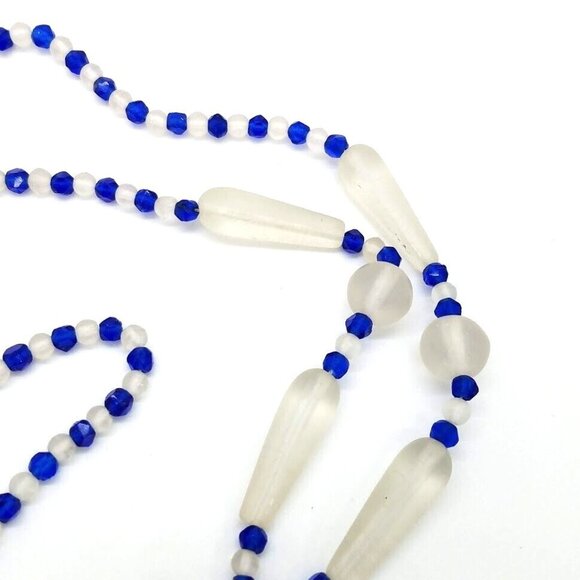 Vintage Glass Bead Tassel Necklace 31" Long Blue Clear Beads For Elegant Style - Picture 10 of 11